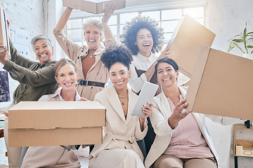 Image showing Shipping portrait, delivery box and happy people teamwork on retail package, stock product or sales distribution. Logistic ecommerce, diversity group or startup fashion designer in supply chain store