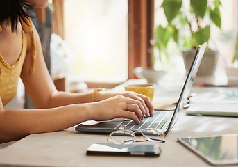 Image showing Computer, woman hands and online working of a remote employee with code work at home. Web research, internet and pc writing of a female freelancer typing on a laptop planning for coding writer job