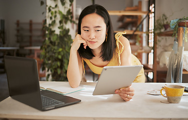 Image showing Thinking, research and tablet with asian woman confused in startup for management, planning or innovation. Idea, vision and creative with small business owner for branding, agenda or web design