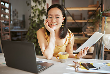 Image showing Happy, research and tablet with portrait of asian woman in startup for management, planning and strategy. Idea, vision and creative with small business owner for branding, agenda and web design