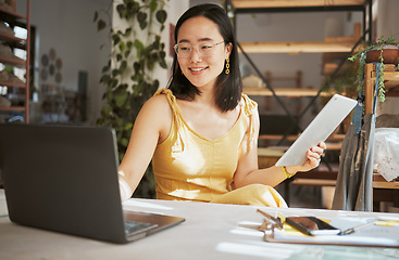 Image showing Thinking, research and tablet with asian woman and laptop in startup for management, planning or goals. Idea, vision and creative with small business owner for branding, agenda or web design