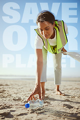 Image showing Woman, recycle and plastic to save our planet, eco friendly or clean environment working on the sandy beach. Happy female volunteering worker cleaning the ocean coast by picking up bottle on the sand