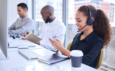 Image showing Call center, sales communication and people or consultant success, telemarketing networking and telecom phone chat. Technical support agent, mobile app and confident person or woman planning target