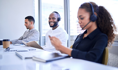 Image showing Call center, telemarketing and black man consultant with sales success, teamwork and telecom communication. Technical support agent, customer services and confident people portrait for crm planning