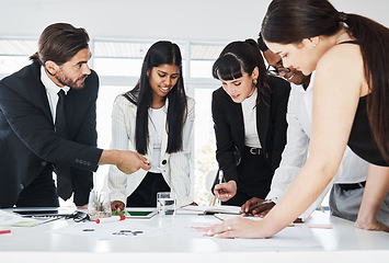 Image showing Teamwork, business meeting and discussion planning finance report, sales presentation or financial management in office. Group of people, team collaboration and conversation for documents analysis