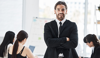 Image showing Leader businessman, portrait and business people in office for budget meeting, discussion or strategy for success. Finance manager, standing and focus for teamwork, collaboration and corporate goals