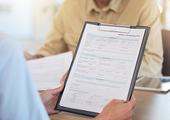 Image showing Health insurance, healthcare and medical aid information with clipboard and health data. Application form, healthcare paperwork with hands and personal info for medicine, admin and documents.