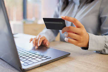 Image showing Credit card, laptop and finance with hands of woman for payment, online shopping and budget. Ecommerce, fintech and password with girl customer and banking for investment, website and internet