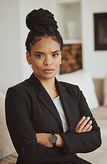 Image showing Portrait, black woman and leader arms crossed, manager and serious look in office. African American female, ceo or entrepreneur for business, employee and corporate deal for company, career or vision