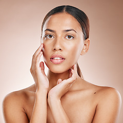 Image showing Skincare, beauty and portrait of woman with glowing skin and on studio background in Atlanta. Makeup, glamour and luxury care with hands on face and natural cosmetics for detox facial on black woman.