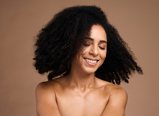 Image showing Hair care, afro beauty and face of black woman with clean shampoo hair, healthy hair growth and spa salon healthcare. Wellness, cosmetology and African model with skincare glow, makeup and cosmetics