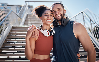 Image showing Support, smile and portrait of a couple training in the city, happy running and fitness in Brazil. Happiness, friends and man and woman with affection during stairs exercise for cardio health