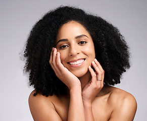 Image showing Beauty, skincare and product with portrait of black woman for facial, self care and luxury cosmetics. Spa, hair care and makeup with face of girl model for treatment, natural and wellness in studio