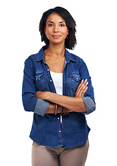 Image showing Black woman, portrait and confidence with arms crossed on studio background, motivation or focus in Atlanta. Proud female model, crossed arms and white background with denim fashion, success or trust