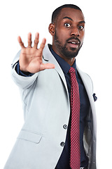 Image showing Ceo, portrait and black man with stop hand for warning, problem or protection sign of people. Corporate person with anxiety, stress and worry expression at isolated studio white background