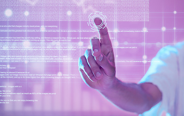 Image showing Hand, 3d futuristic and man in metaverse exploring a virtual world. Digital transformation, augmented reality and male touching and pressing ux button, data overlay or ai, graphics or software app.