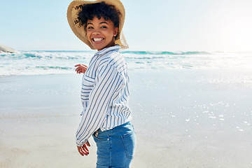 Image showing Beach, summer and portrait of excited black woman with smile on holiday, vacation and weekend by ocean. Travelling lifestyle, nature and girl happy, relax and enjoying adventure, freedom and fun