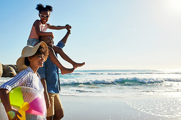 Image showing Walking, beach and profile of relax black family travel, happy and enjoy outdoor quality time together. Ocean sea water, blue sky mockup or freedom for bonding people on Jamaica holiday in summer