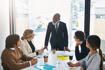 Image showing Business people meeting, diversity or speaker presentation, manager speech or leader finance investment proposal. Communication, teamwork workshop or black man coaching, training or mentor sales team