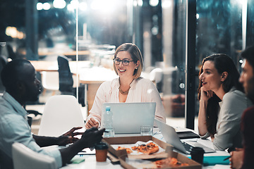 Image showing Idea, late night and marketing team in discussion at workshop with laptop and pizza at startup. Teamwork, overtime and diversity, business people with food brainstorming at creative marketing agency.