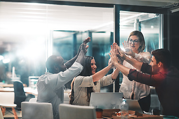 Image showing High five, teamwork and business people at night celebrate stock market growth, investment profit or ipo. Diversity, trading or crypto trader excited for forex, NFT success or bitcoin mining revenue