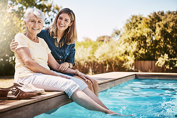 Image showing Women in portrait, relax together and swimming pool, love and care with quality time during summer vacation. Elderly mother, daughter and vacation, outdoor pool and wellness lifestyle with family