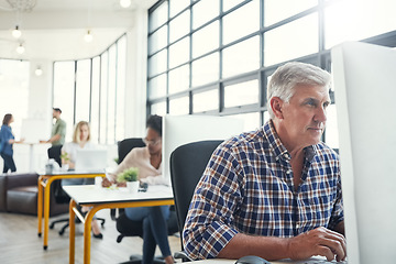 Image showing Business, office building and senior man with computer working on website research, email and project. Productivity, corporate agency and elderly worker at desk for planning, schedule and strategy