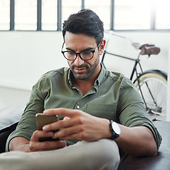 Image showing Professional man with smartphone, email or social media scroll, contact and networking, reading text message. Internet wifi, phone and communication technology, businessman work break and app check