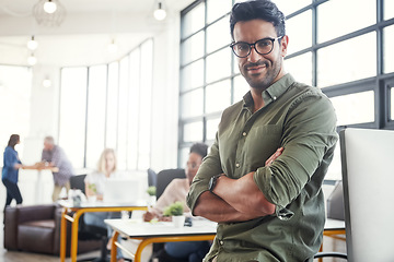 Image showing Happy, smile and portrait of businessman in office for management, leadership and vision. Web design, startup and future with face of ceo in creative digital agency for mindset, mentor and goal