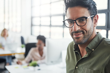 Image showing Happy, smile and portrait of businessman in office for management, leadership and vision. Web design, startup and future with face of ceo in creative digital agency for mindset, mentor and goal