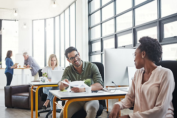 Image showing Office, computer and business colleagues talking or in discussion while working on a project in coworking space. Interracial, communication and corporate employees in a conversation in the workplace.