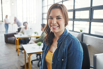 Image showing Creative business woman, manager and smile for management, career or vision at the office. Portrait of a young designer standing and smiling in happiness for job, goals or startup at the workplace