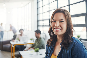 Image showing Creative business woman, leader and smile for management, career or vision at the office. Portrait of a young designer standing and smiling in happiness for job, goals or startup at the workplace