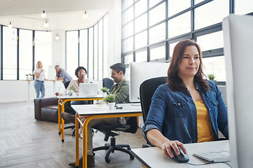 Image showing Office, focus and business woman with computer working on online email, website research and project. Productivity, corporate agency and female worker at desk for planning, schedule and strategy