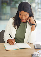 Image showing Black woman, business notebook and writing in company financial planning, schedule management or startup growth innovation. Smile, happy and finance worker notes, investment ideas and strategy vision