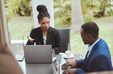 Image showing Business people, businessman and black woman in meeting on terrace, backyard and finance goal on business trip. Black man, woman and morning business meeting on patio, balcony or garden for planning