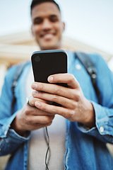 Image showing Student, hands or mobile phone on university campus, college or school for exam timetable, class schedule or diploma calendar. Zoom, low angle or man on technology app for education learning research