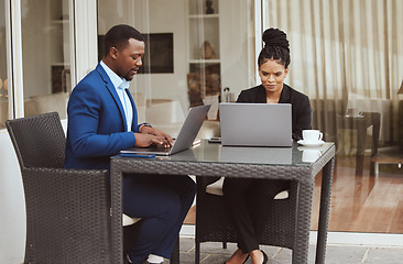 Image showing Laptop, thinking or black people working remote for idea planning, creative strategy or teamwork networking. Corporate, tech or woman and man for collaboration, research or business website update