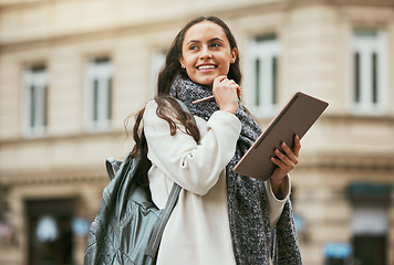 Image showing Woman, tablet and thinking in the city with vision, idea or inspiration for design with smile for travel in the outdoors. Happy female holding touchscreen in thought, sightseeing or exploring outside