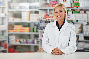 Image showing Pharmacy, pharmacist and woman in portrait for medicine, product shelf and retail or healthcare industry. Trust, help desk and medical professional worker smile for inventory, stock and clinic drugs