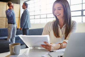 Image showing Planning, documents and business woman in office workplace. Paperwork, strategy and happy female employee holding forms for financial budget, sales growth report or marketing proposal in company.