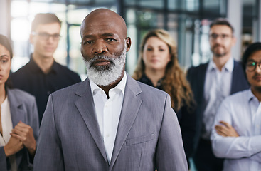 Image showing Black man leader, business people and portrait, senior executive and team, collaboration and diversity in workplace. Corporate, solidarity and support with teamwork, businessman and CEO leadership
