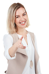 Image showing Smiling, friendly and portrait of a woman with a handshake isolated on white background in studio. Thank you, trust and hr worker with hand for hello, greeting and recruitment on a studio background