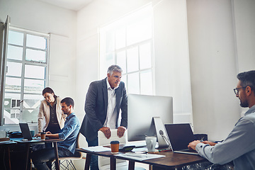 Image showing Teamwork, productivity and business people at desk with computer for project, planning and email. Corporate workplace, startup agency and employees sitting at table, in meeting and coworking on ideas