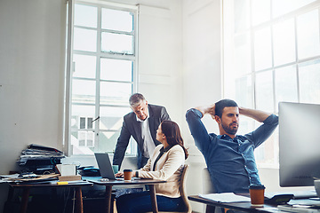 Image showing Business man, computer and relax in office after finishing project or task complete. Break, resting and male employee relaxing after hard work, writing email or planning finance strategy in company.