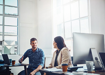 Image showing Teamwork, collaboration and business people in office talking, discussion or casual conversation. Planning, cooperation and employees, man and woman discussing marketing, advertising or sales project