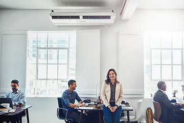 Image showing Leadership, office building and portrait of woman with business people for success, vision and mission. Corporate manager, teamwork and female worker with staff for productivity, working and goal