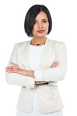 Image showing Business woman, portrait with arms crossed and confidence, professional person and CEO isolated on white background. Corporate executive, success and vision with focus, management and leadership