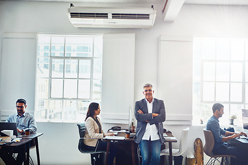 Image showing Man, leader and office portrait with staff, happy and confident smile with arms crossed for success. Senior manager, leadership and focus for corporate teamwork, group cooperation or marketing vision