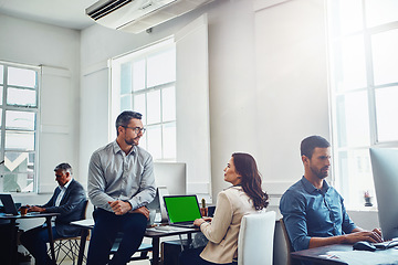 Image showing Teamwork, laptop green screen and business people in office talking, discussion or conversation. Collaboration, mock up and employees, man and woman planning marketing, advertising or sales project